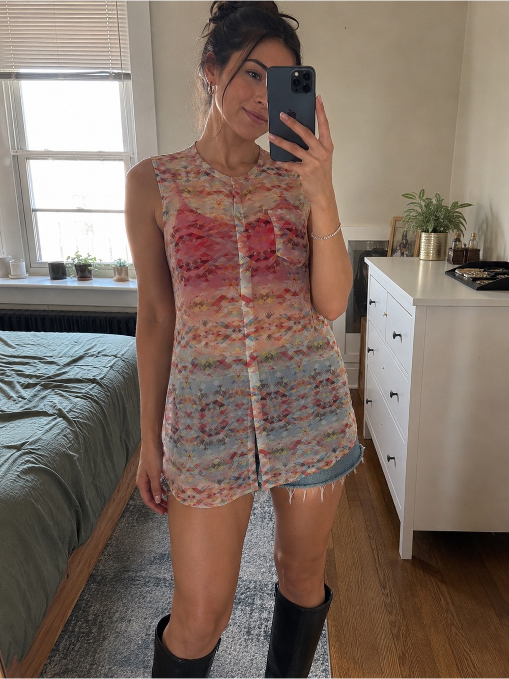CAbi Sheer Geometric Print Longline Tunic Top XS Sleeveless Blouse Multicolor